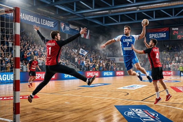 Ein Handballspieler wirft den Ball auf das Tor  Zwei Gegenspieler versuchen dies zu verhindern 