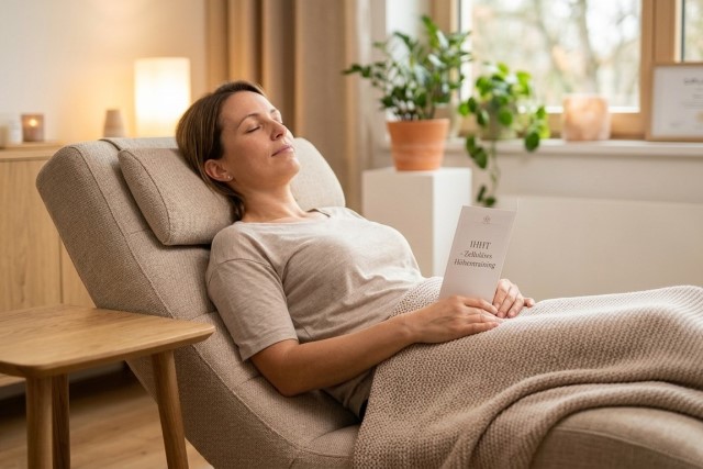 Frau liegt entspannt auf dem Sofa